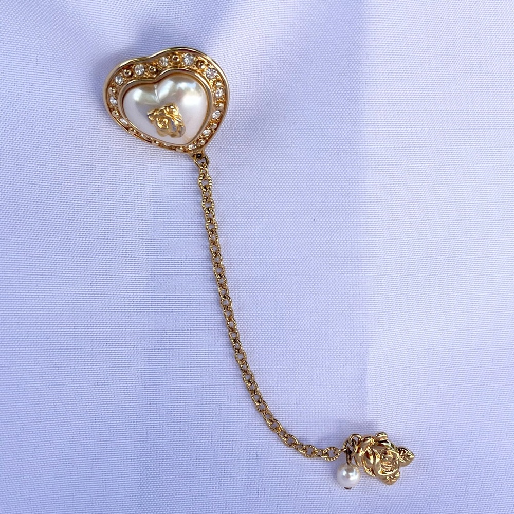 Liz Claiborne VTG Brooch Pin Faux Pearl Rhinestone Heart